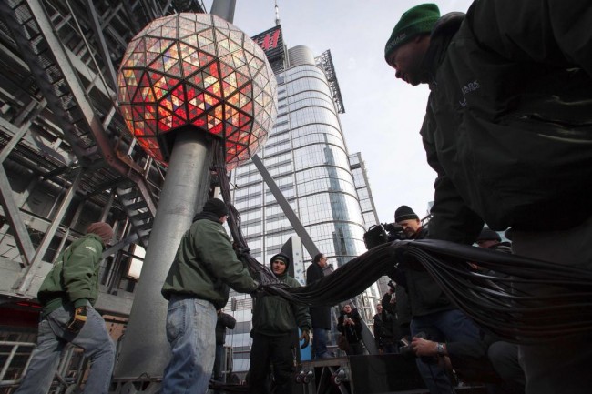 Workers test the Times Square New Year's Eve ball in New York