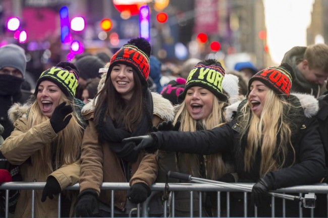 Revelers cheer in Times Square during New Year's Eve celebrations in New York