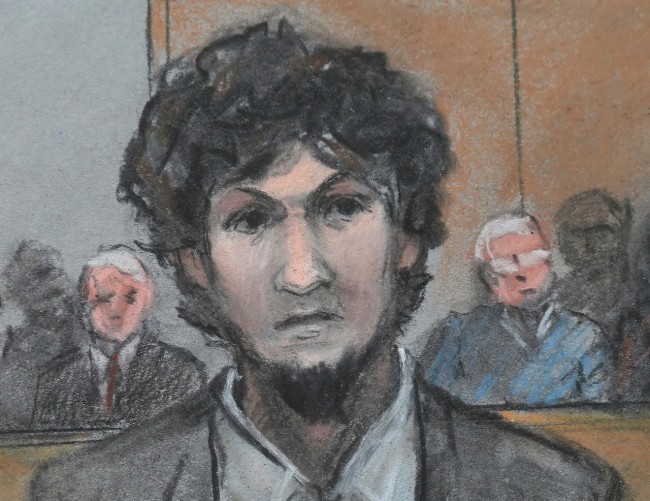 Boston Marathon bomber Dzhokhar Tsarnaev is shown in a courtroom sketch after he is sentenced at the federal courthouse in Boston, Massachusetts May 15, 2015. REUTERS/Jane Flavell Collins