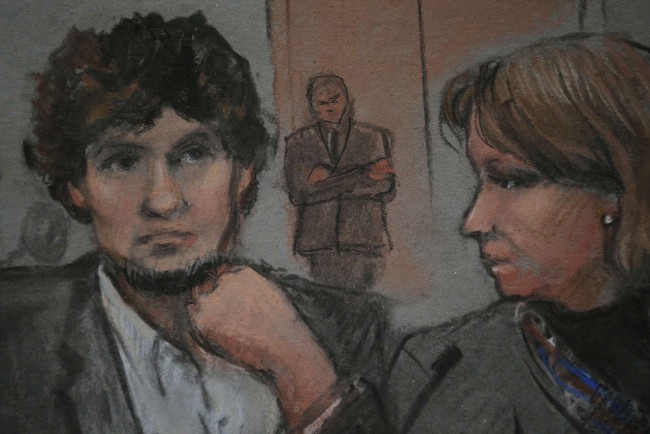A courtroom sketch shows accused Boston Marathon bomber Dzhokhar Tsarnaev (L) in court on the second day of his trial at the federal courthouse in Boston, Massachusetts March 5, 2015. Tsarnaev, 21, is accused of killing three people and injuring 264 with a pair of homemade pressure-cooker bombs on April 15, 2013 at the Boston Marathon finish line.   REUTERS/Jane Flavell Collins    (UNITED STATES - Tags: CRIME LAW) ATTENTION EDITORS - NO SALES. NO ARCHIVES. FOR EDITORIAL USE ONLY. NOT FOR SALE FOR MARKETING OR ADVERTISING CAMPAIGNS. THIS IMAGE HAS BEEN SUPPLIED BY A THIRD PARTY. IT IS DISTRIBUTED, EXACTLY AS RECEIVED BY REUTERS, AS A SERVICE TO CLIENTS