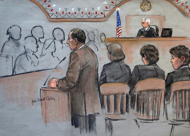 It this courtroom sketch, U.S. Attorney William Weinreb, left, is depicted delivering opening statements in front of U.S. District Judge George O'Toole Jr., right rear, on the first day of the federal death penalty trial of Boston Marathon bombing suspect Dzhokhar Tsarnaev, Wednesday, March 4, 2015, in Boston. Tsarnaev, depicted seated second from right between defense attorneys Judy Clarke, third from right, and Miriam Conrad, right, is charged with conspiring with his brother to place two bombs near the marathon finish line in April 2013, killing three and injuring 260 people. (AP Photo/Jane Flavell Collins)