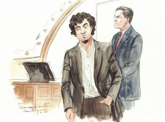 Dzhokhar Tsarnaev enters the Boston, Massachusetts courtroom on March 4, 2015, as the 2013 Boston Marathon bombing trial continues.