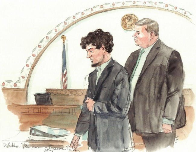 Dzhokhar Tsarnaev enters the courtroom in Boston, Massachusetts on March 9, 2015.