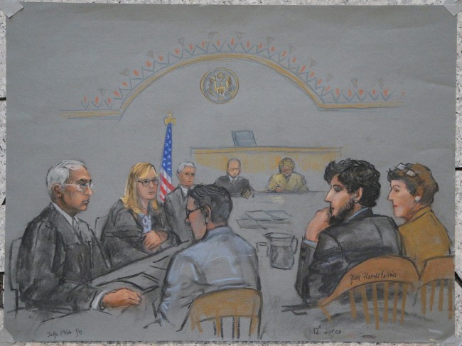 A courtroom sketch shows Boston Marathon bombing suspect Dzhokhar Tsarnaev (2nd R) during the jury selection process in his trial at the federal courthouse in Boston, Massachusetts January 15, 2015. Tsarnaev, who appeared in court on Thursday wearing a sport jacket and collared shirt, more formally dressed than in last week's appearances, and had trimmed his hair, is also charged with fatally shooting a university police officer three days after the bombing. He has pleaded not guilty.    REUTERS/Jane Flavell Collins    (UNITED STATES - Tags: CRIME LAW) - RTR4LLLN
