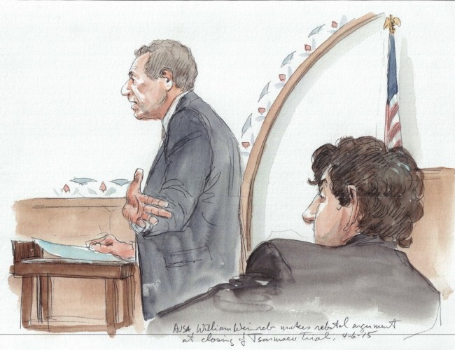 Dzhokhar Tsarnaev looks on during closing arguments in the Boston Marathon Bombings trial in Massachusetts on 4/6/15.