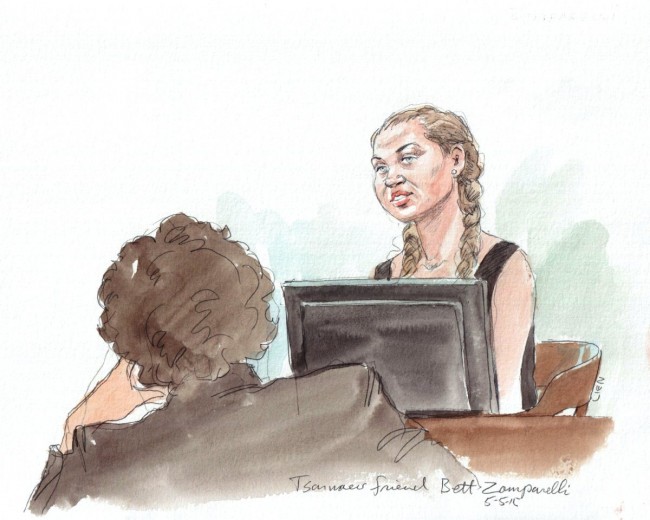 Elizabeth "Bet" Zamparelli, a high school friend of Dzhokhar Tsarnaev, testifies during the sentencing phase of the Boston Marathon Boming trial on May 5, 2015. Tsarnaev was found guilty on all counts on April 8.