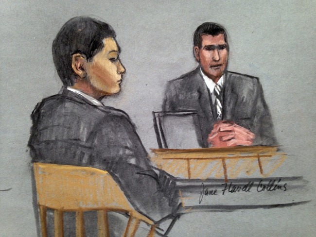 In this courtroom sketch, defendant Azamat Tazhayakov, left, a college friend of Boston Marathon bombing suspect Dzhokhar Tsarnaev, is depicted listening to testimony by FBI Special Agent Phil Christiana, right, during the first day of his federal obstruction of justice trial Monday, July 7, 2014 in Boston. Tazhayakov, of Kazakhstan, is accused with another friend of removing items from Tsarnaev's dorm room, but is not charged with participating in the bombing or knowing about it in advance.  (AP Photo/Jane Flavell Collins)
