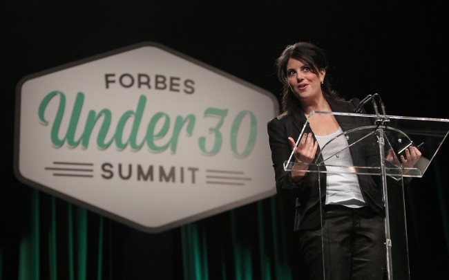 Monica Lewinsky gives a speech at the Forbes Under 30 Summit at the Pa. Convention Center in Philadelphia on Monday, Oct. 20, 2014. (AP Photo/Philadelphia Daily News, David Maialetti)