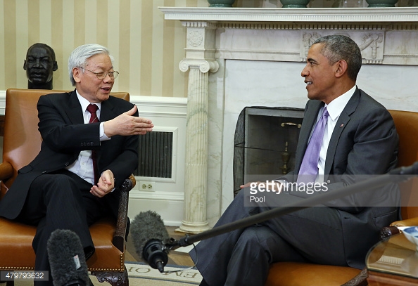 President Barack Obama meets in the Oval Office of the White House with General Secretary Nguyen Phu Trong of Vietnam, in Washington, Tuesday, July 7, 2015.