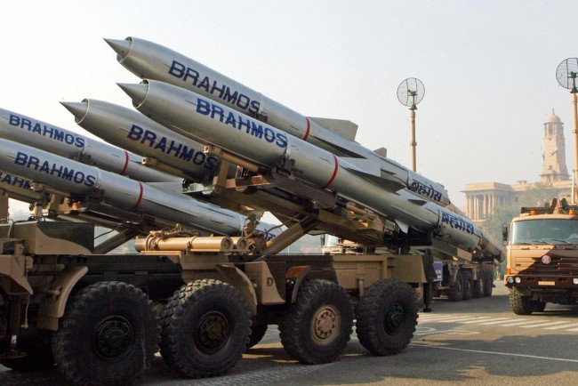 Brahmos missiles are seen during the rehearsal parade for India's Republic Day in New Delhi, on 20 January 2007. India will celebrate its 58th Republic Day 26 January with a large military parade attended by Russian President Vladimir Putin who will be the honour guest for the celebrations.