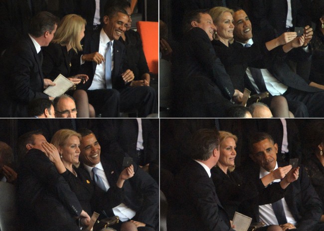 This combo of pictures shows US President Barack Obama (R) and British Prime Minister David Cameron (L) posing for a selfie photo with Denmark's Prime Minister Helle Thorning Schmidt (C) during the memorial service of South African former president Nelson Mandela at the FNB Stadium (Soccer City) in Johannesburg on December 10, 2013. Mandela, the revered icon of the anti-apartheid struggle in South Africa and one of the towering political figures of the 20th century, died in Johannesburg on December 5 at age 95. AFP PHOTO / ROBERTO SCHMIDT        (Photo credit should read ROBERTO SCHMIDT/AFP/Getty Images)