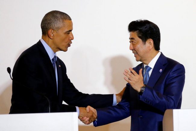 President Obama shakes hands with Japan's Prime Minister Shinzo Abe during a press conference after a bilateral meeting during the 2016 Ise-Shima G7 Summit in Shima, Japan May 25, 2016. REUTERS/Carlos Barria